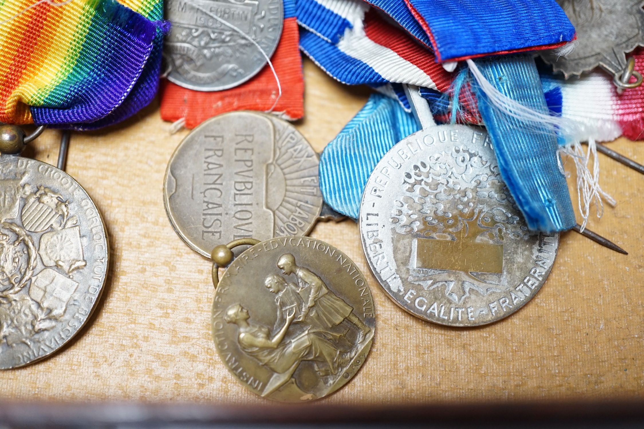 Eighteen French and Belgium medals, etc. including; Medal of Honour, War Cross, Medal of Honour for Physical Education, Victory Medal, etc.